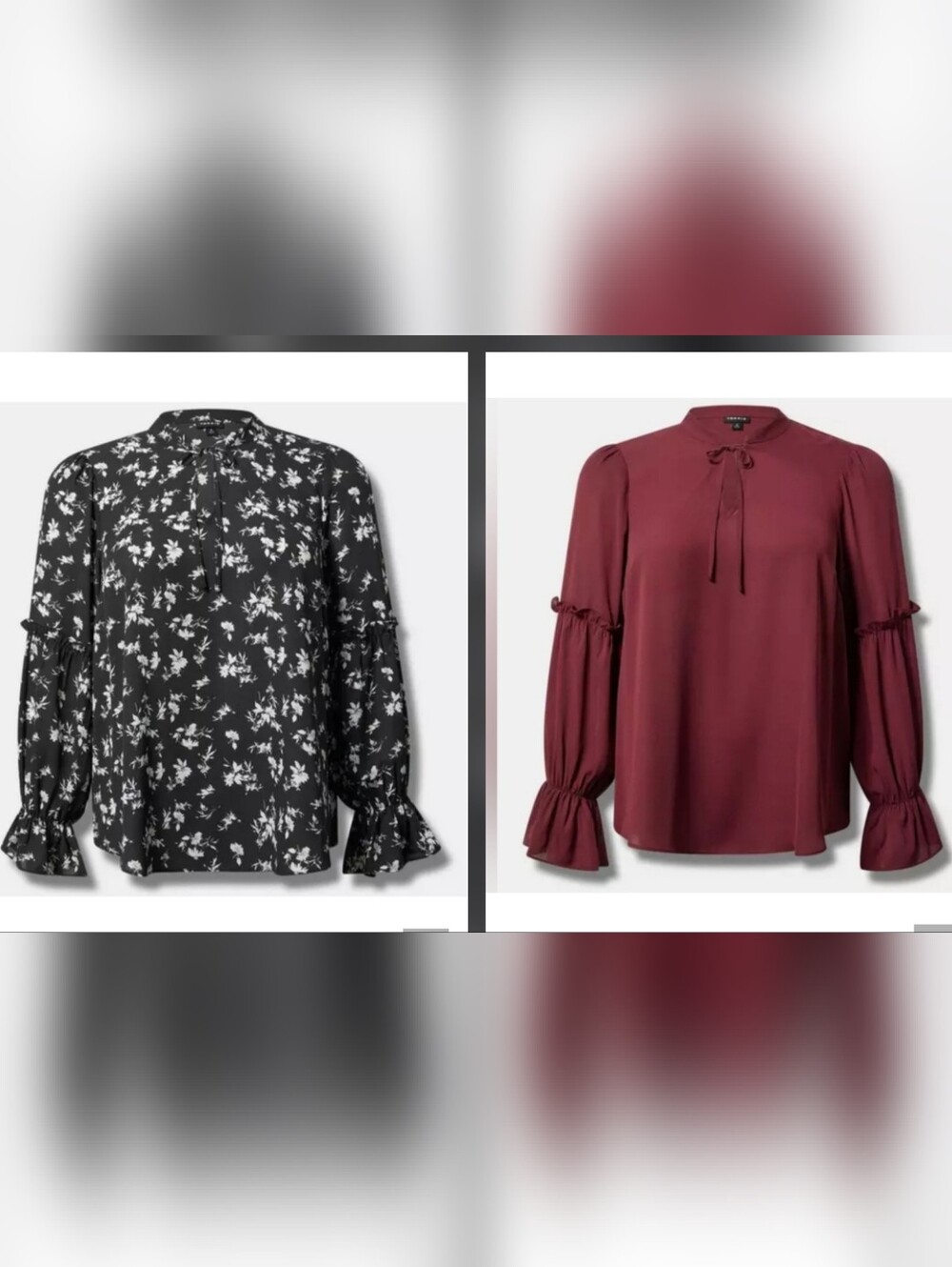 2 New Torrid Black Floral/Zinfandel Georgette Ruffle Long Sleeve Blouses, 2X